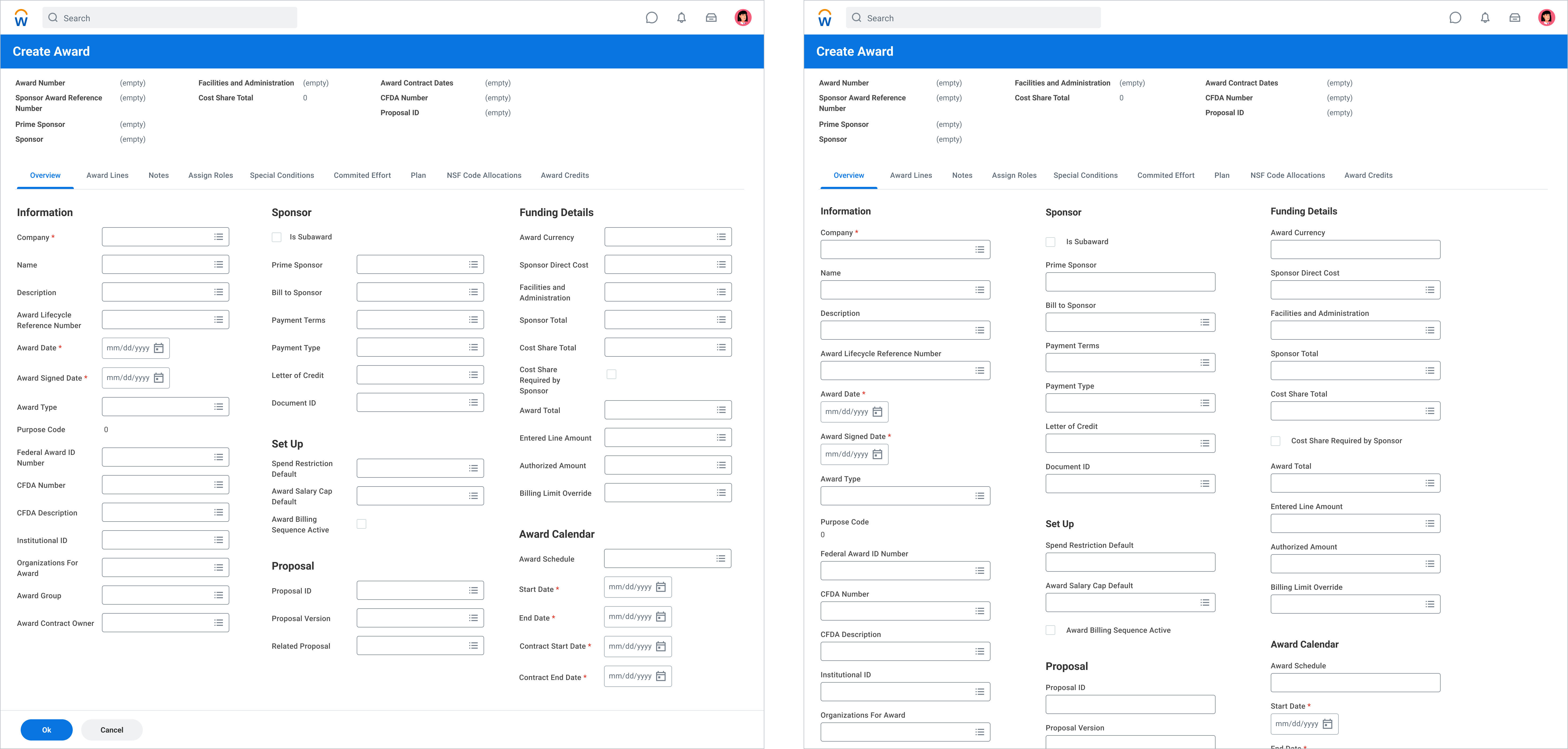 Create Award form showing the dense multi-column structure used in the legacy framework