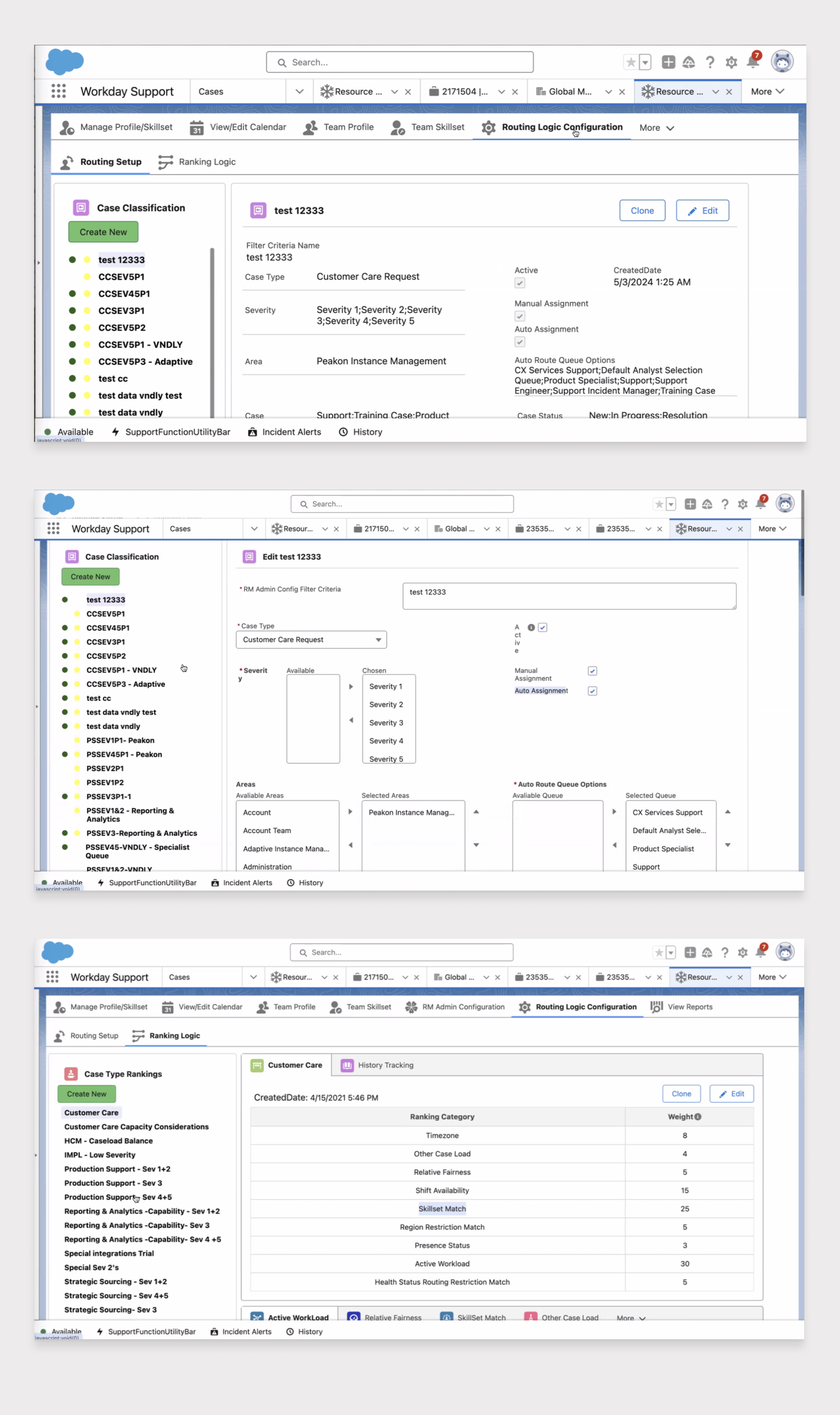 IIR Support Case Routing configuration screens across setup, edit, and ranking logic views